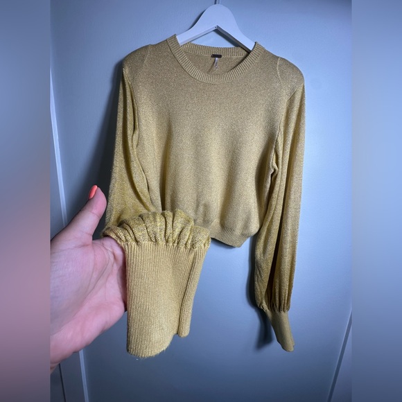 Free People Let it Shine Mustard  Metallic Glitter Ballon Sleeve Light Sweater M - Picture 9 of 16